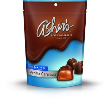 Vanilla Caramels Sugar Free 3oz Bag is brown and blue with old Asher's logo and Sugar Free label highlighted in blue. Three (3) caramels are pictured on the front of the package to show size, shape, and caramel inside.