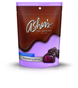Sugar Free Raspberry Jellies 3oz Bag is brown and purple with old Asher's logo and Sugar Free label highlighted in blue. Three (3) jellies are pictured on the front of the package to show size, shape, and purple raspberry inside.