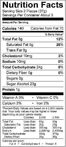 Nutrition Facts Pecan Vanilla Caramels Sugar Free 3oz Bag listing serving size, dietary and nutritional information.