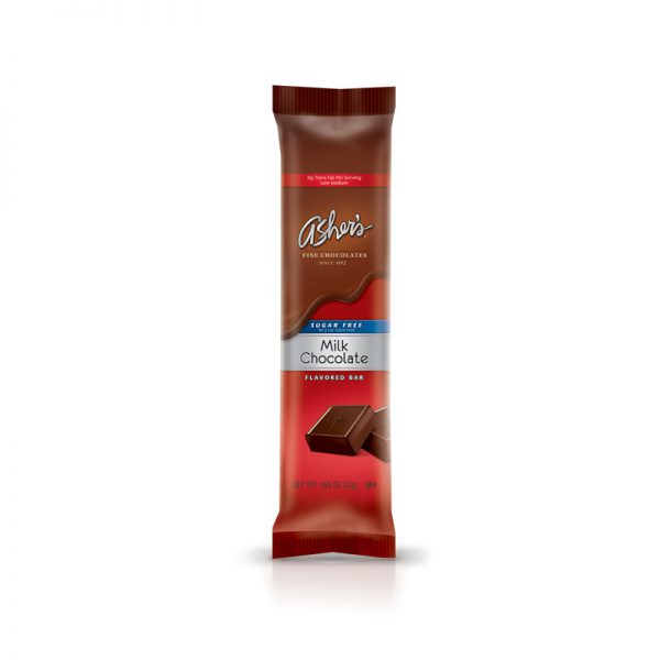 Sugar Free Milk Chocolate Bar on white background. Packaging is brown with red detail and 2 Milk Chocolate Squares pictured on the front.