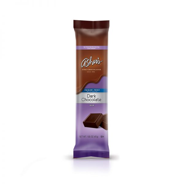 Sugar Free Dark Chocolate Bar on white background. Packaging is brown with purple detail and 2 Dark Chocolate Squares pictured on the front.