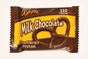 Milk Chocolate Covered Pretzel individually wrapped package on a white background.